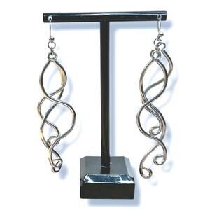 Silver Tone Long Dangle Squiggly Swirly Statement Earrings 3 in Drop
